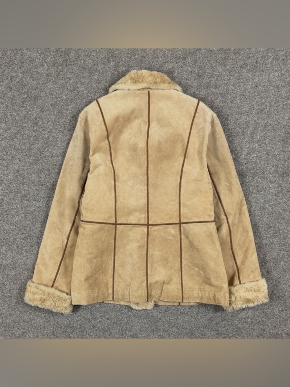 Gallery Suede Leather Button Front Jacket Womens L Faux Fur Trim Penny Lane Coat - Picture 3 of 9
